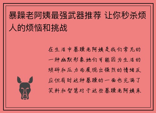 暴躁老阿姨最强武器推荐 让你秒杀烦人的烦恼和挑战